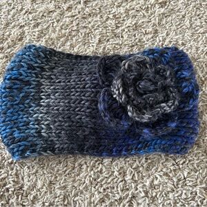 Blue and Gray Handmade Knit Headband with Flower
